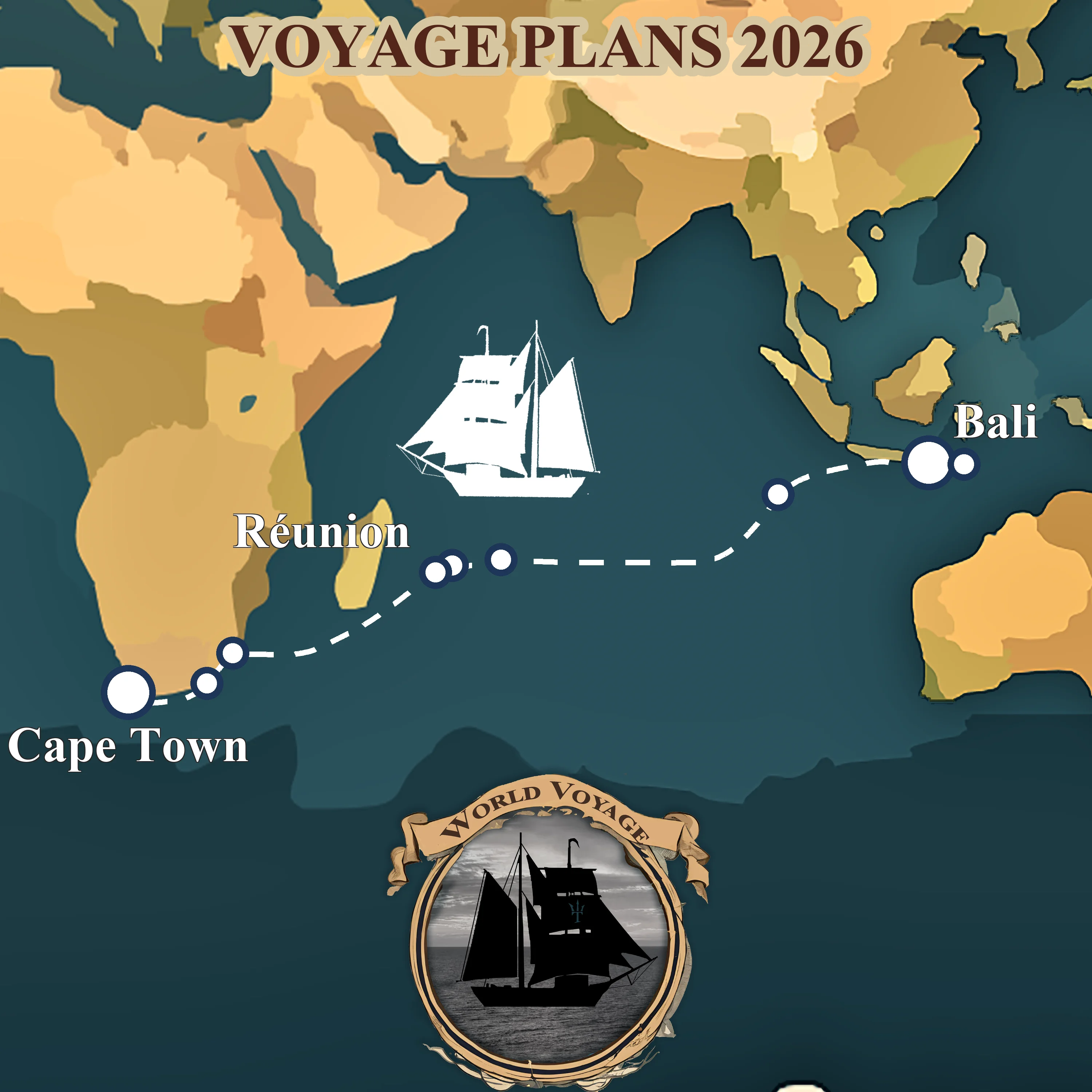 Map of the 2026 segment of NEPTUN's world voyage, five legs from Bali to South Africa.