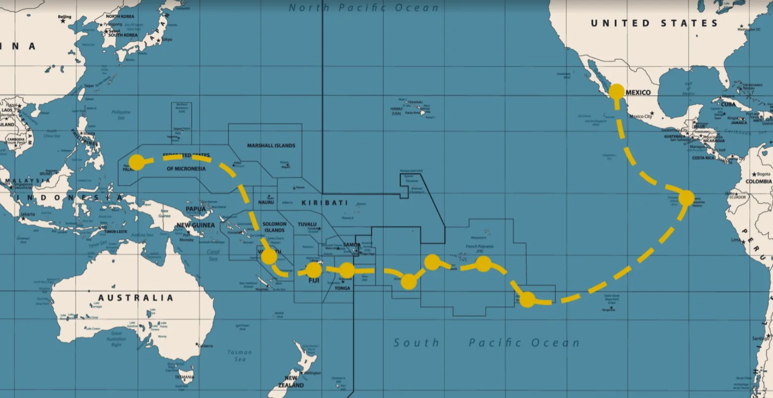 NEPTUN's 2024-2025 Pacific voyage map from Vanuatu to Tonga to Fiji
