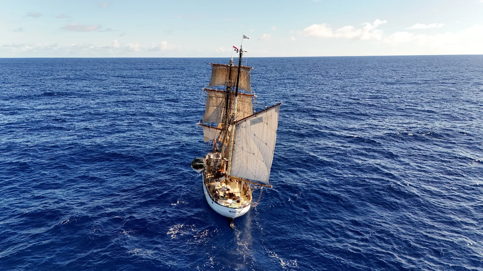 NEPTUN running before the wind, yards braced square, the classic trade-wind set.