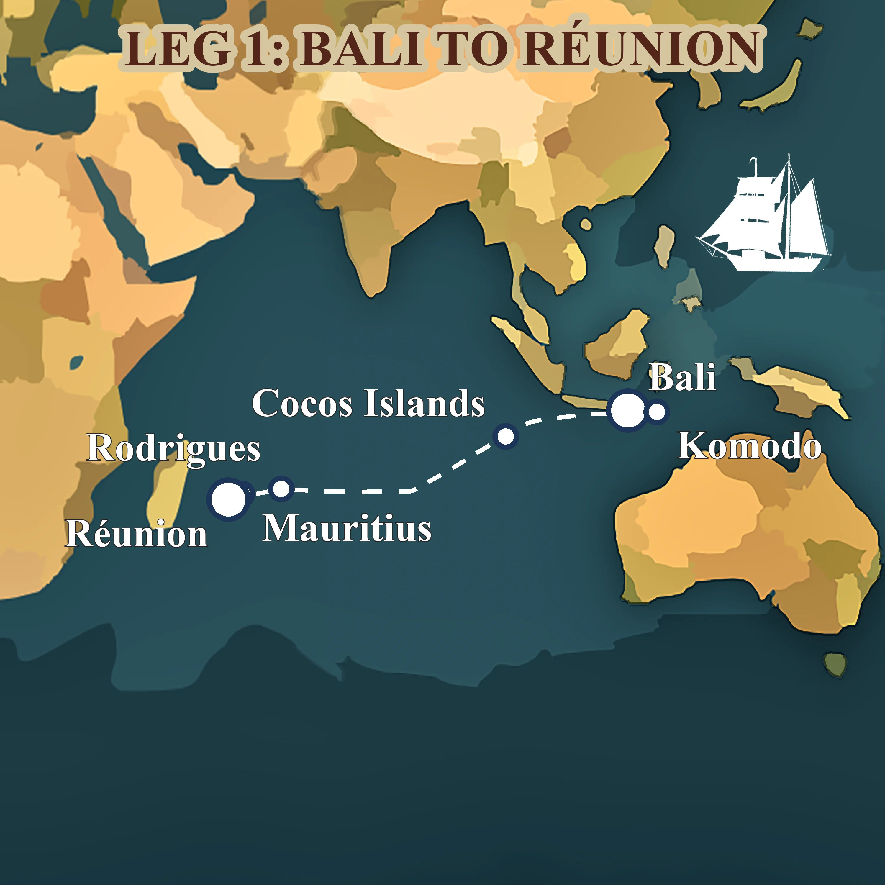 Route map for Leg 1: from Bali to Réunion across the Indian Ocean