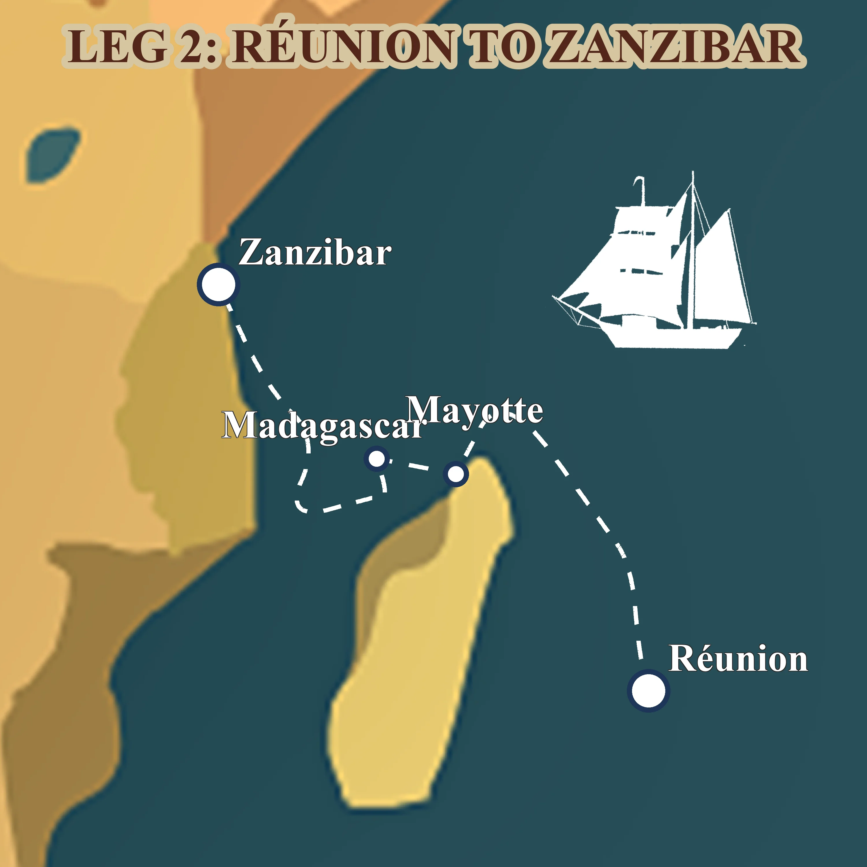 Route map for Leg 2: from Réunion to Zanzibar via Madagascar