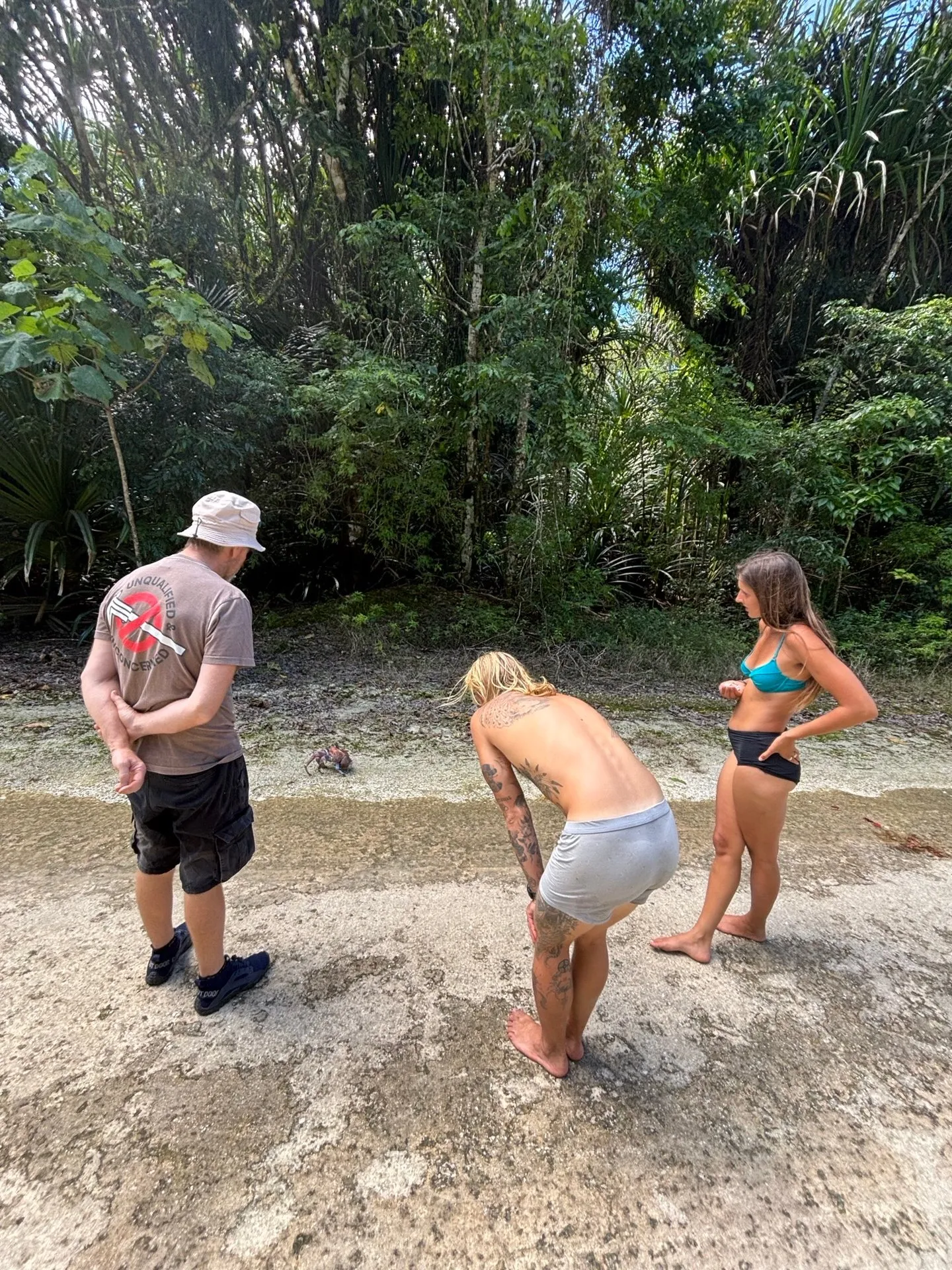 Crew members stopping on a jungle path to watch one of Christmas Island's famous red crabs