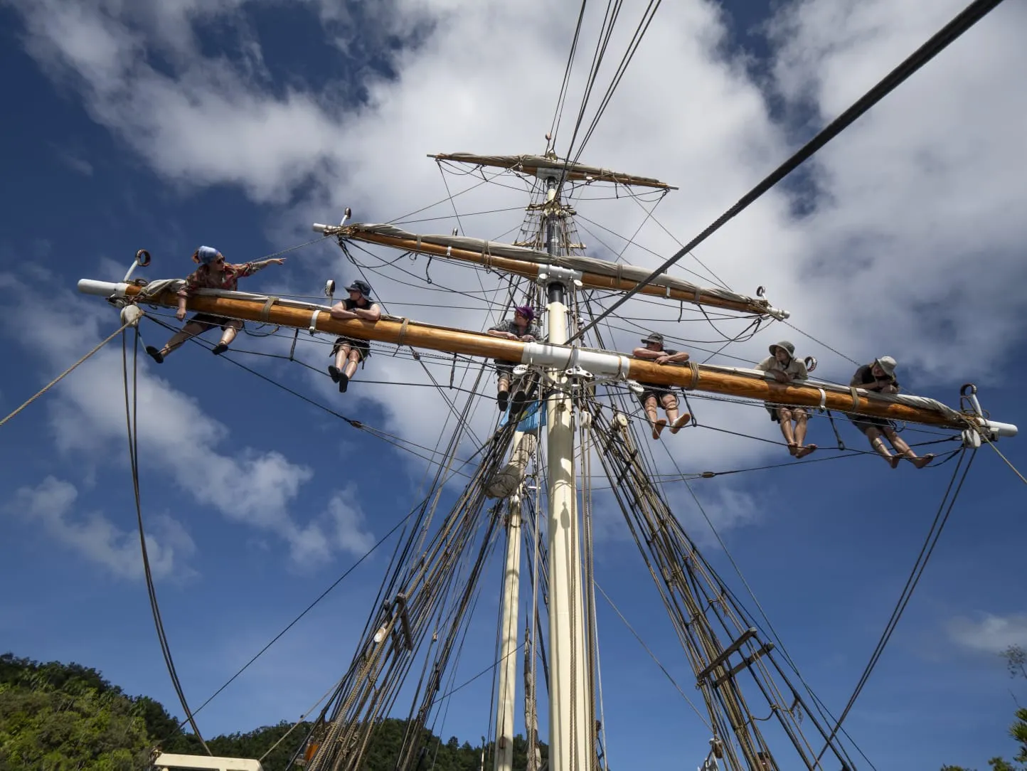 Crew aloft on NEPTUN practicing how to loose, furl and reef the topsail