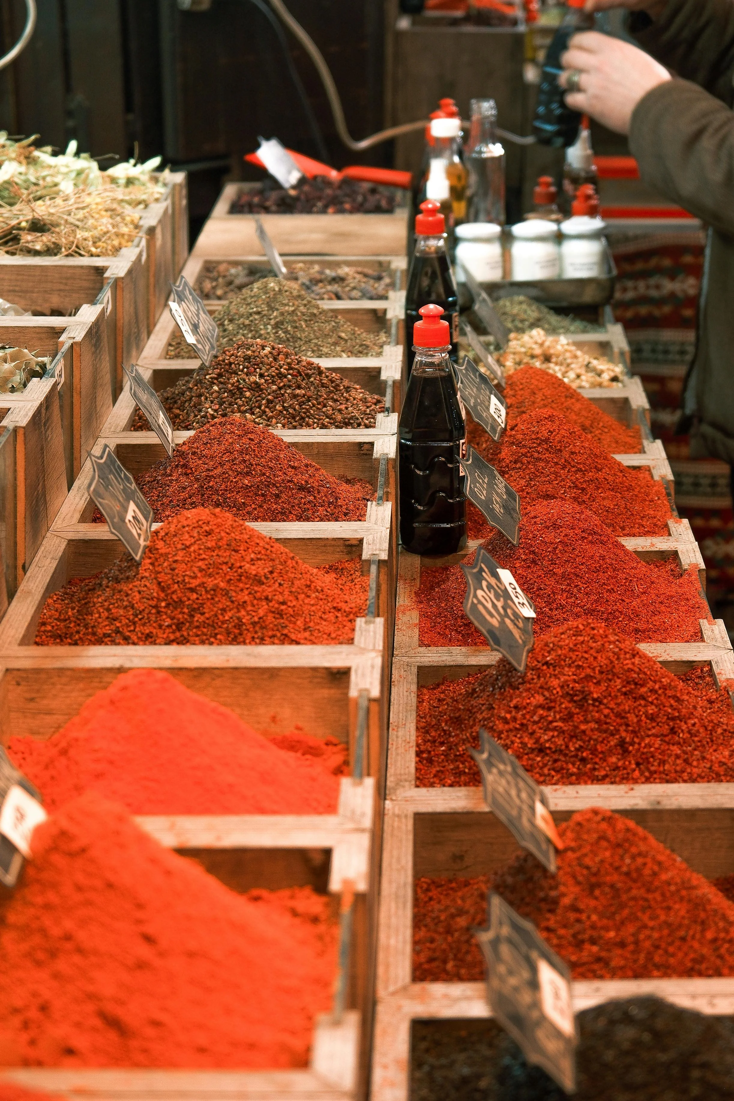 Heaped spices at market, cloves, cardamom and cinnamon built Zanzibar.